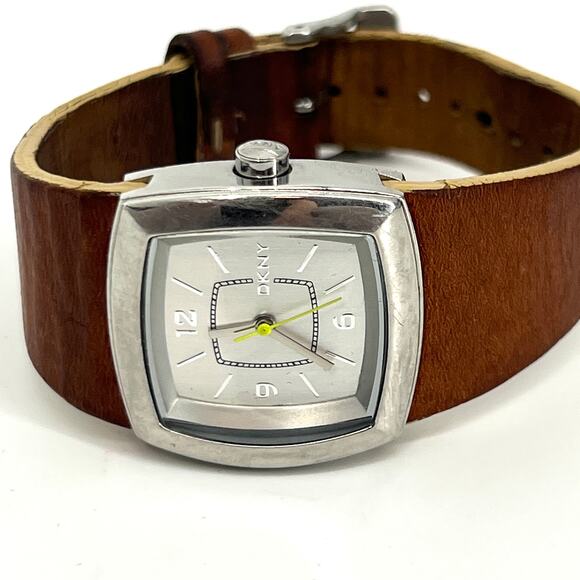 Vintage DKNY Watch Leather Band Silver Face/Back Works With Brand New Battery main image 5